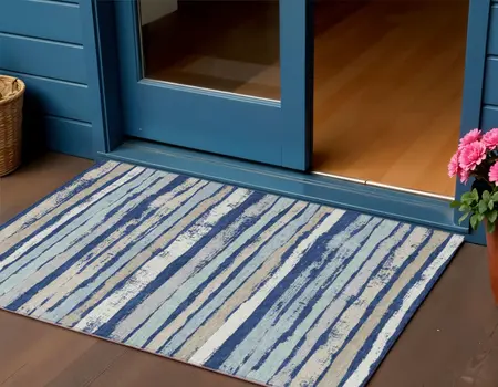 3' X 5' Navy Blue Beige And Ivory Striped Washable Indoor Outdoor Area Rug
