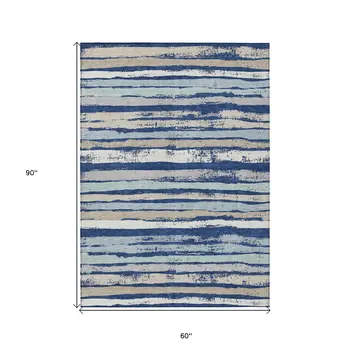 5' X 8' Navy Blue Beige And Ivory Striped Washable Indoor Outdoor Area Rug