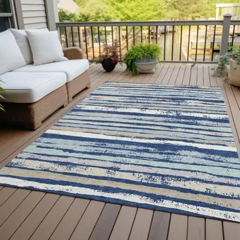 5' X 8' Navy Blue Beige And Ivory Striped Washable Indoor Outdoor Area Rug