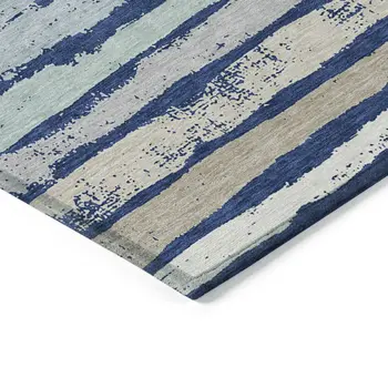 5' X 8' Navy Blue Beige And Ivory Striped Washable Indoor Outdoor Area Rug