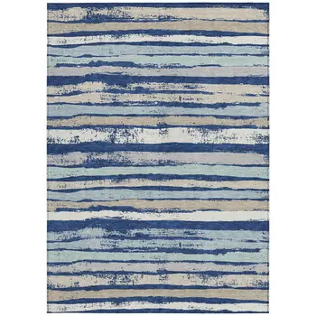 5' X 8' Navy Blue Beige And Ivory Striped Washable Indoor Outdoor Area Rug