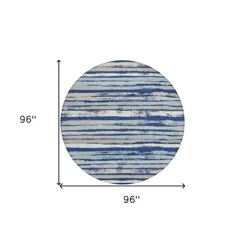 8' Navy Blue Beige And Ivory Round Striped Washable Indoor Outdoor Area Rug