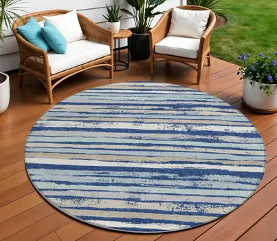 8' Navy Blue Beige And Ivory Round Striped Washable Indoor Outdoor Area Rug