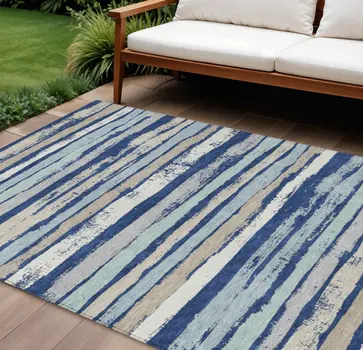 8' X 10' Navy Blue Beige And Ivory Striped Washable Indoor Outdoor Area Rug