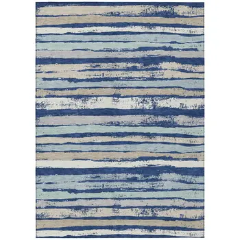 9' X 12' Navy Blue Beige And Ivory Striped Washable Indoor Outdoor Area Rug