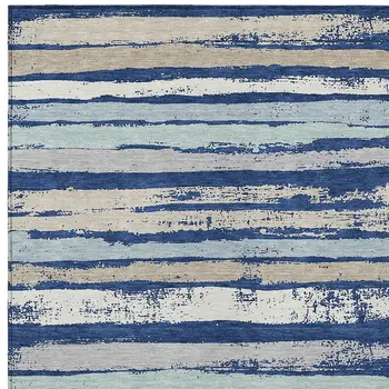 9' X 12' Navy Blue Beige And Ivory Striped Washable Indoor Outdoor Area Rug