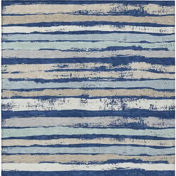 9' X 12' Navy Blue Beige And Ivory Striped Washable Indoor Outdoor Area Rug