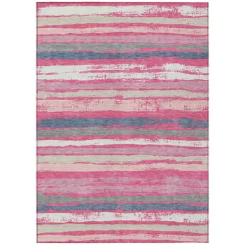3' X 5' Pink Gray And Green Striped Washable Indoor Outdoor Area Rug