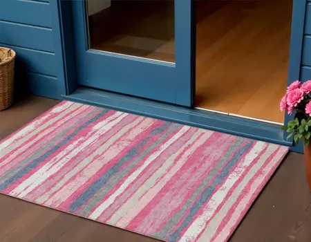 3' X 5' Pink Gray And Green Striped Washable Indoor Outdoor Area Rug