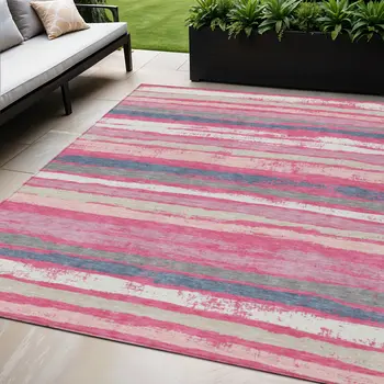 5' X 8' Pink Gray And Green Striped Washable Indoor Outdoor Area Rug