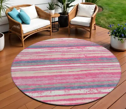 8' Pink Gray And Green Round Striped Washable Indoor Outdoor Area Rug