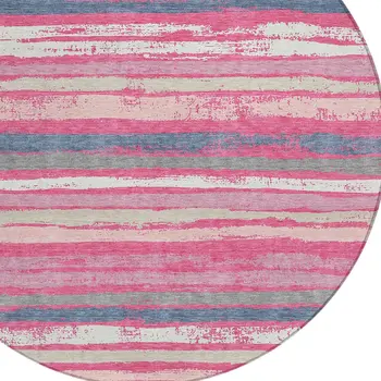 8' Pink Gray And Green Round Striped Washable Indoor Outdoor Area Rug