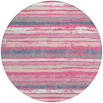 8' Pink Gray And Green Round Striped Washable Indoor Outdoor Area Rug