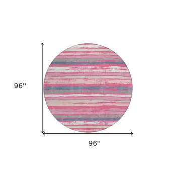 8' Pink Gray And Green Round Striped Washable Indoor Outdoor Area Rug