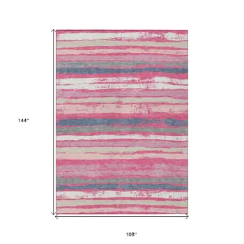 9' X 12' Pink Gray And Green Striped Washable Indoor Outdoor Area Rug