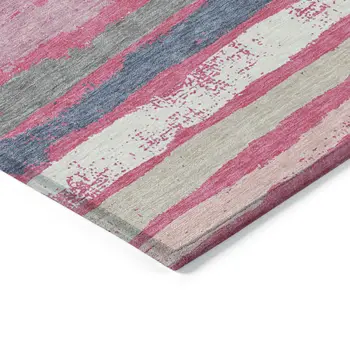 9' X 12' Pink Gray And Green Striped Washable Indoor Outdoor Area Rug