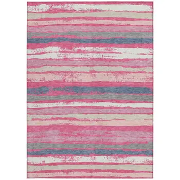 9' X 12' Pink Gray And Green Striped Washable Indoor Outdoor Area Rug