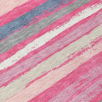9' X 12' Pink Gray And Green Striped Washable Indoor Outdoor Area Rug