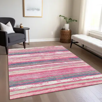 9' X 12' Pink Gray And Green Striped Washable Indoor Outdoor Area Rug