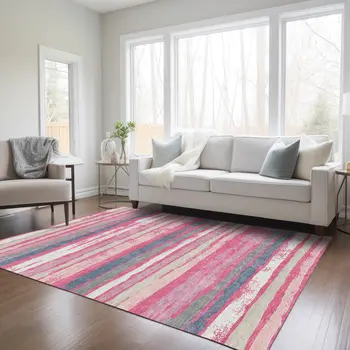 9' X 12' Pink Gray And Green Striped Washable Indoor Outdoor Area Rug