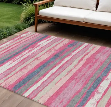 10' X 14' Pink Gray And Green Striped Washable Indoor Outdoor Area Rug