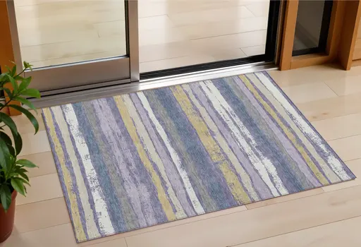 3' X 5' Purple Ivory And Beige Striped Washable Indoor Outdoor Area Rug