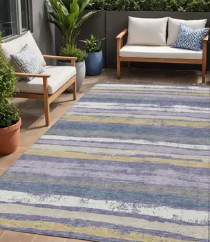 5' X 8' Purple Ivory And Beige Striped Washable Indoor Outdoor Area Rug