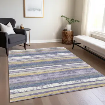 5' X 8' Purple Ivory And Beige Striped Washable Indoor Outdoor Area Rug