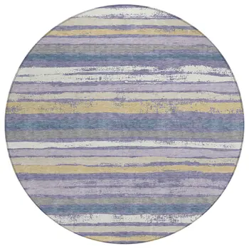 8' Purple Ivory And Beige Round Striped Washable Indoor Outdoor Area Rug
