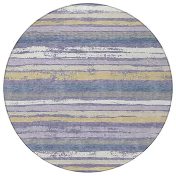 8' Purple Ivory And Beige Round Striped Washable Indoor Outdoor Area Rug
