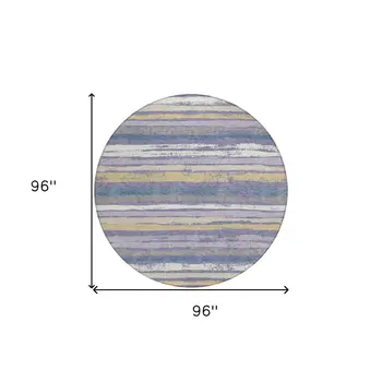 8' Purple Ivory And Beige Round Striped Washable Indoor Outdoor Area Rug