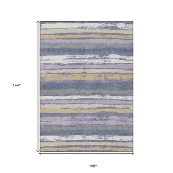 9' X 12' Purple Ivory And Beige Striped Washable Indoor Outdoor Area Rug