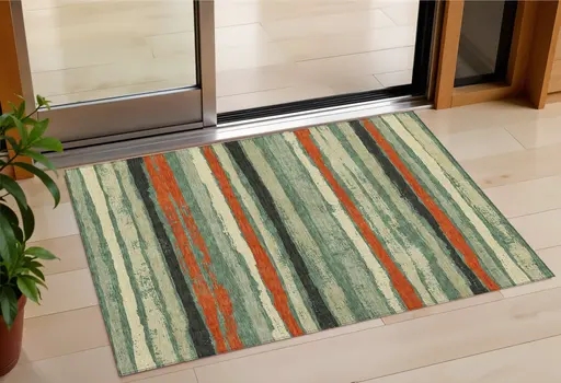 3' X 5' Sage Black And Red Striped Washable Indoor Outdoor Area Rug