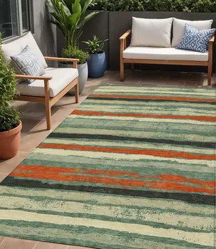 5' X 8' Sage Black And Red Striped Washable Indoor Outdoor Area Rug