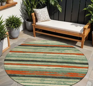 8' Sage Black And Red Round Striped Washable Indoor Outdoor Area Rug