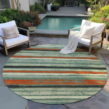 8' Sage Black And Red Round Striped Washable Indoor Outdoor Area Rug