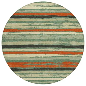 8' Sage Black And Red Round Striped Washable Indoor Outdoor Area Rug