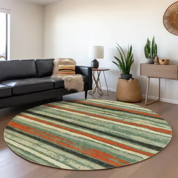 8' Sage Black And Red Round Striped Washable Indoor Outdoor Area Rug