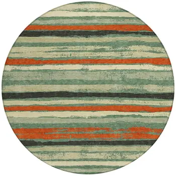8' Sage Black And Red Round Striped Washable Indoor Outdoor Area Rug