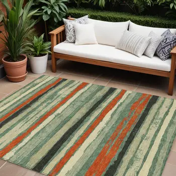 9' X 12' Sage Black And Red Striped Washable Indoor Outdoor Area Rug