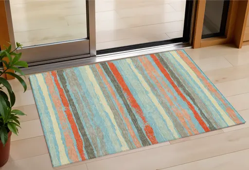 3' X 5' Sky Blue Pink And Gray Striped Washable Indoor Outdoor Area Rug