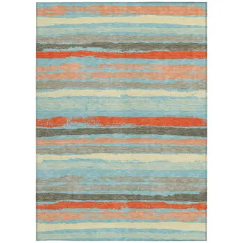 5' X 8' Sky Blue Pink And Gray Striped Washable Indoor Outdoor Area Rug