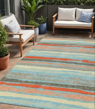 5' X 8' Sky Blue Pink And Gray Striped Washable Indoor Outdoor Area Rug