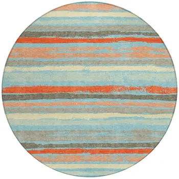 8' Sky Blue Pink And Gray Round Striped Washable Indoor Outdoor Area Rug