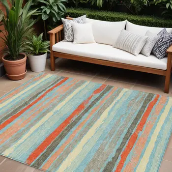 9' X 12' Sky Blue Pink And Gray Striped Washable Indoor Outdoor Area Rug