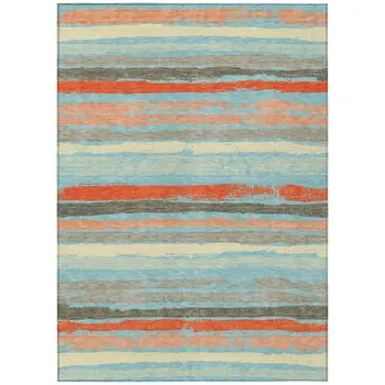 9' X 12' Sky Blue Pink And Gray Striped Washable Indoor Outdoor Area Rug