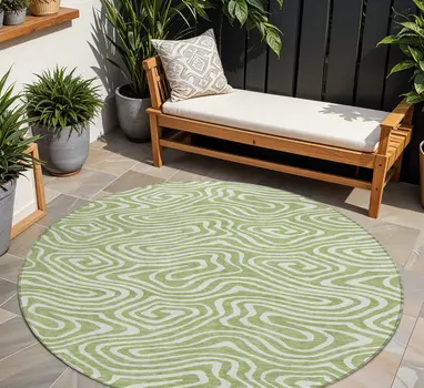 8' Artichoke Green And Ivory Round Abstract Washable Indoor Outdoor Area Rug