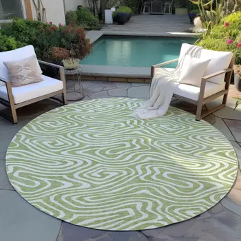 8' Artichoke Green And Ivory Round Abstract Washable Indoor Outdoor Area Rug