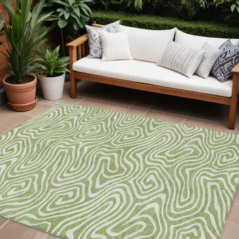 10' X 14' Artichoke Green And Ivory Abstract Washable Indoor Outdoor Area Rug