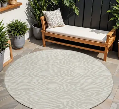 8' Beige And Linen Round Abstract Washable Indoor Outdoor Area Rug